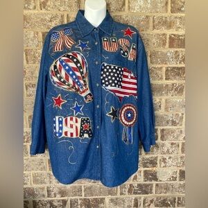 Vintage 80’s Denim Patriotic Tip Top long sleeved Red White Blue USA Flag Sz 18